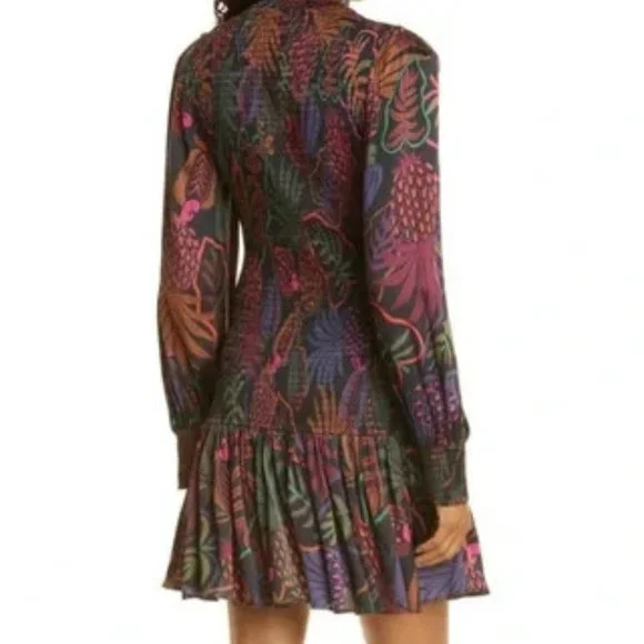 Farm Rio Frutis Dream Print Long Sleeve Black Smocked Mini Dress. SZ S - Picture 5 of 6